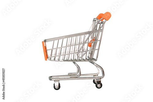 Empty grocery cart isolated on white background. Supermarket food basket. Shopping concept