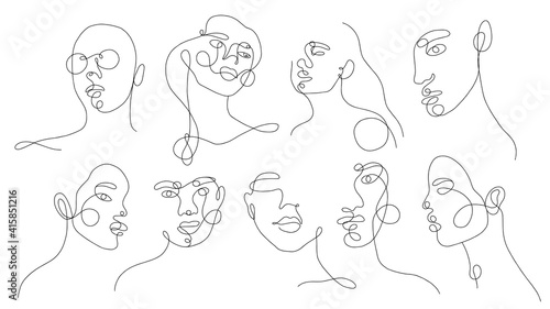 Set linear woman portraits. Continuous linear silhouette of female face. Outline hand drawn of avatars girls. Linear glamour logo in minimal style for beauty salon, makeup artist, stylist