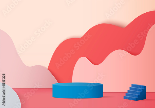 3d display product abstract minimal scene with geometric podium platform. cylinder background vector 3d rendering with podium. stand for cosmetic product. Stage showcase on pedestal 3d pink red studio