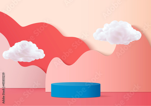 3d display product abstract minimal scene with geometric podium platform. cylinder background vector 3d rendering with podium. stand for cosmetic product. Stage showcase on pedestal 3d pink red studio © M.AKA