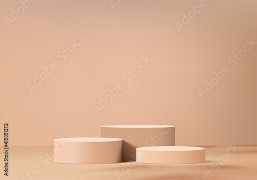 3d display product abstract minimal scene with geometric podium platform. brown background vector 3d rendering with podium. stand for cosmetic products. Stage showcase on pedestal 3d beige studio