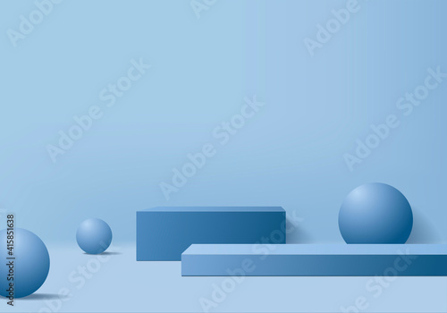 3d display product abstract minimal scene with geometric podium platform. cylinder background vector 3d rendering with podium. stand for cosmetic products. Stage showcase on pedestal 3d blue studio