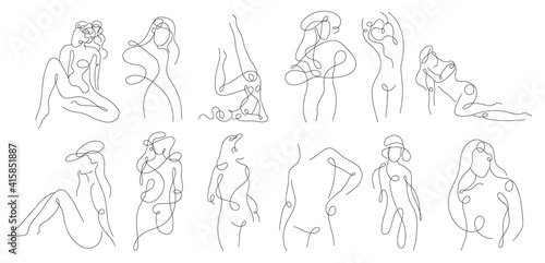 Set linear woman figure. Continuous linear silhouette of female body. Outline hand drawn of avatars girls. Linear glamour logo in minimal style for beauty salon, makeup artist, stylist