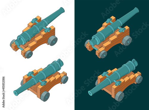 Vintage Naval Cannon Isometric Color Drawings
