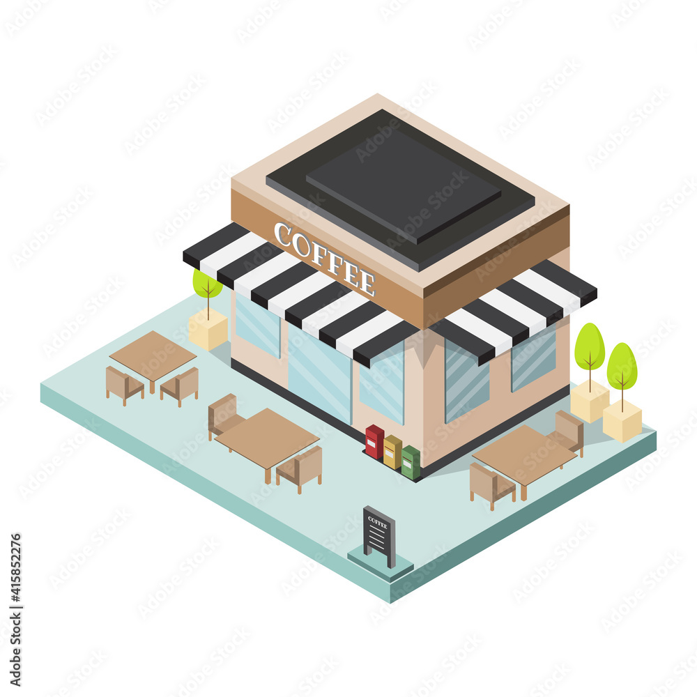 Coffee shop building. Cafe in isometric 3d style . Vector illustration. Coffee shop building. Cafe in isometric 3d style . Vector illustration.