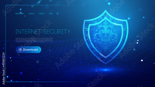 Internet security for computer, vpn safety cyber shield concept. Data security illustration protection shield. Privacy secure blue technology background.