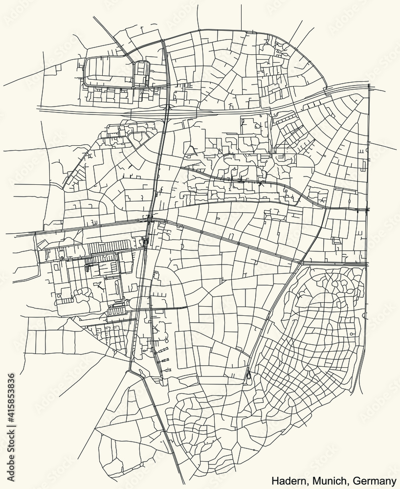 Black simple detailed street roads map on vintage beige background of the quarter Hadern borough (Stadtbezirk) of Munich, Germany