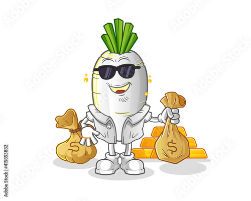 white radish rich character. cartoon mascot vector
