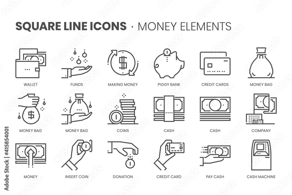 Money elements, square line icon set Money elements, square line icon set