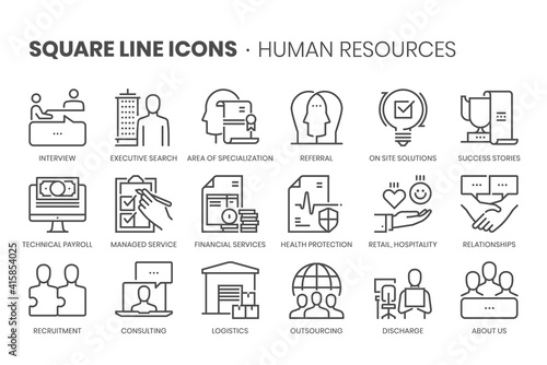 Human resources, square line icon set