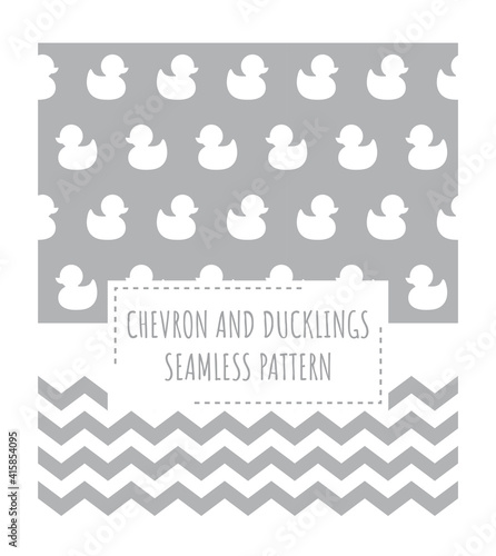 Chevron and baby ducks vector seamless patterns. Zigzag and duckling in white and grey pattern prints.