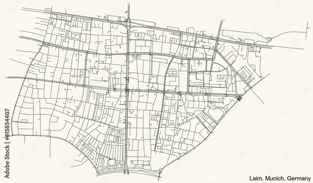 Naklejka premium Black simple detailed street roads map on vintage beige background of the quarter Laim borough (Stadtbezirk) of Munich, Germany