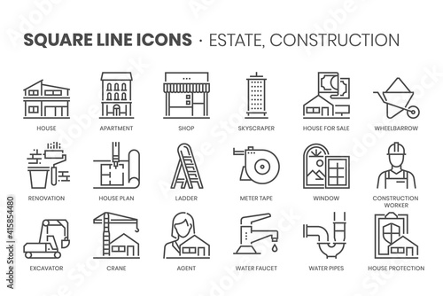Real estate, square line icon set. The illustrations are a vector, editable stroke, thirty-two by thirty-two matrix grid, pixel perfect files.