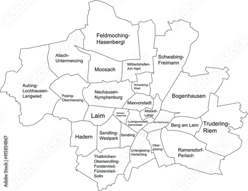Simple white vector map with black borders and names of boroughs (Stadtbezirke) of Munich, Germany