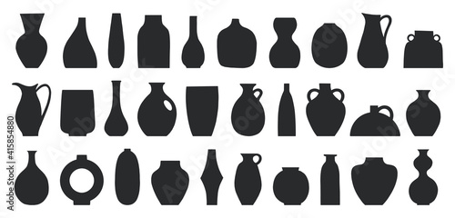 Set of different shapes of decorative vases and pots vector illustration. Minimalist shapes in black colors. Contemporary art for home decor. Design element for poster, cover, brochure