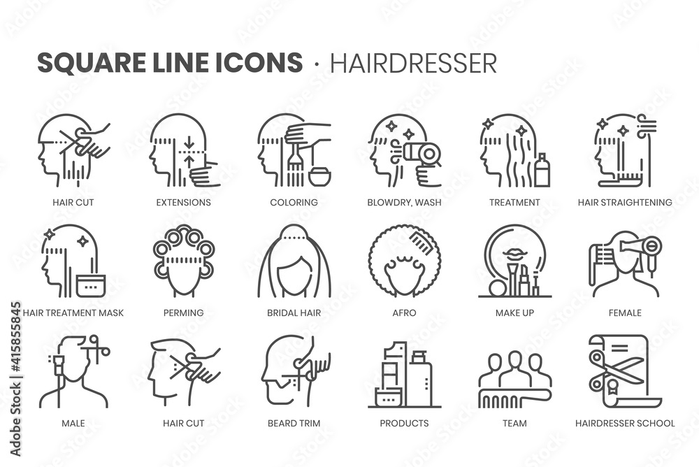 Hair dresser, square line icon set