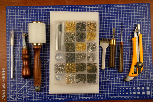 Tools for working on leather in the workshop (diy) photo