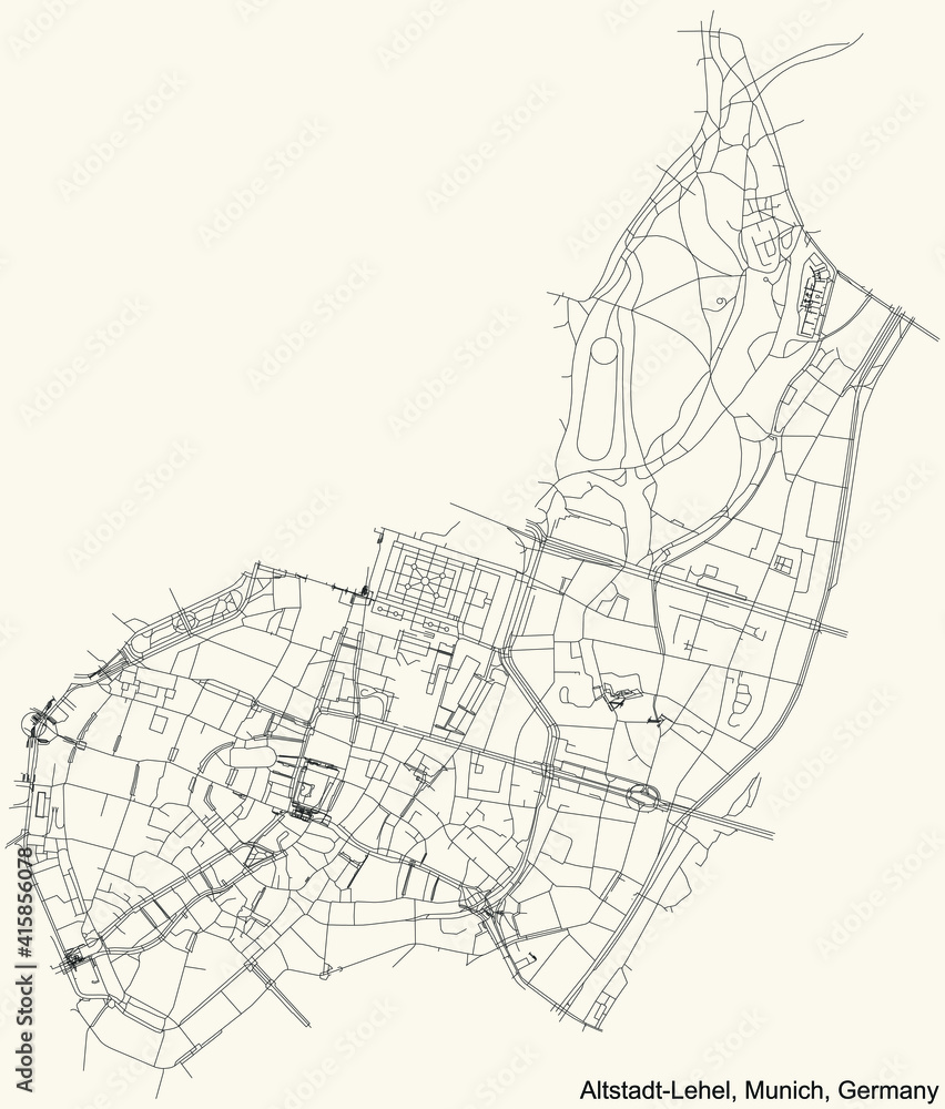 Black simple detailed street roads map on vintage beige background of the quarter Altstadt-Lehel borough (Stadtbezirk) of Munich, Germany