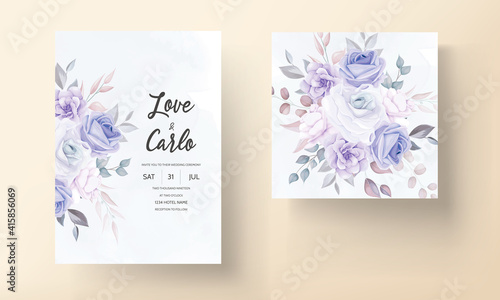 Beautiful wedding invitation card with purple flowers