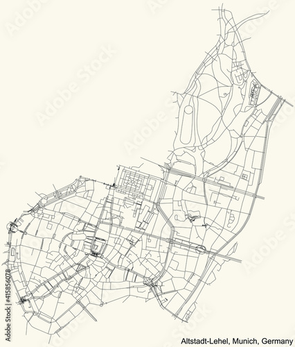 Black simple detailed street roads map on vintage beige background of the quarter Altstadt-Lehel borough (Stadtbezirk) of Munich, Germany