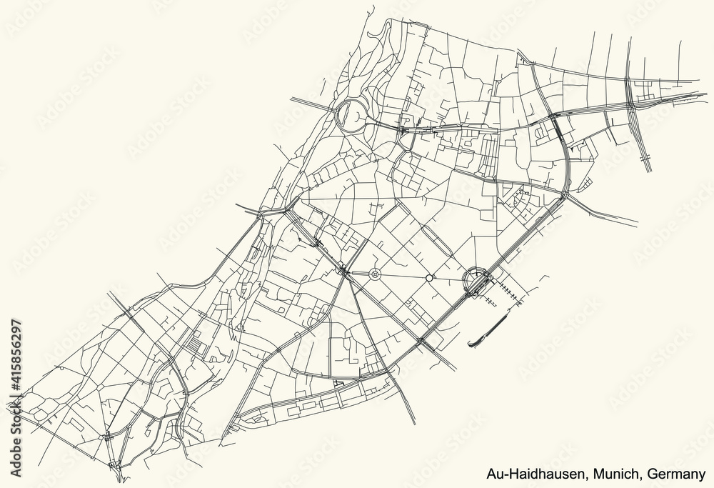 Black simple detailed street roads map on vintage beige background of the quarter Au-Haidhausen borough (Stadtbezirk) of Munich, Germany