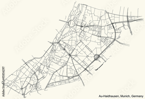 Black simple detailed street roads map on vintage beige background of the quarter Au-Haidhausen borough (Stadtbezirk) of Munich, Germany