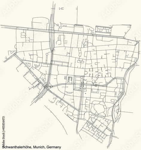 Black simple detailed street roads map on vintage beige background of the quarter Schwanthalerhöhe borough (Stadtbezirk) of Munich, Germany