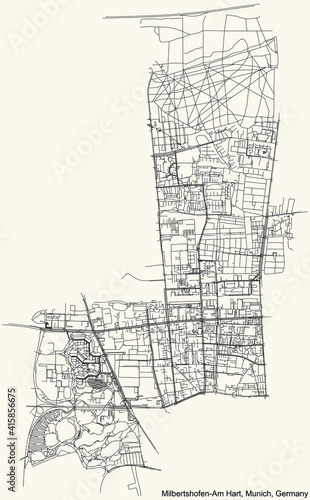 Black simple detailed street roads map on vintage beige background of the quarter Milbertshofen-Am Hart borough (Stadtbezirk) of Munich, Germany