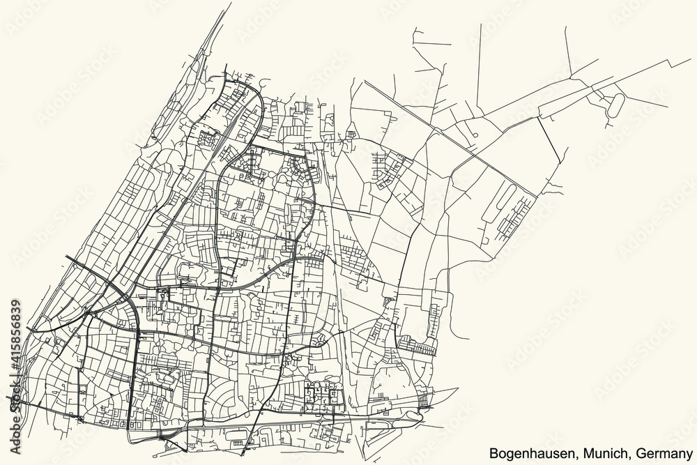 Black simple detailed street roads map on vintage beige background of the quarter Bogenhausen borough (Stadtbezirk) of Munich, Germany