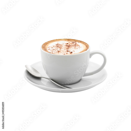 Hot cappuccino coffee in a white cup isolated on white background with clipping path.