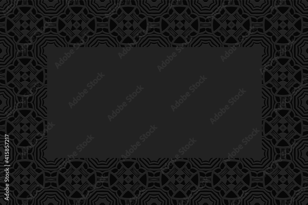 Geometric convex volumetric 3D pattern with a relief ornament from ethnic African elements on a black background with a frame for text and advertising.