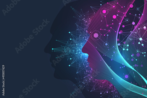 Artificial Intelligence and Machine Learning illustration Concept. Human head outline with brain, illustration