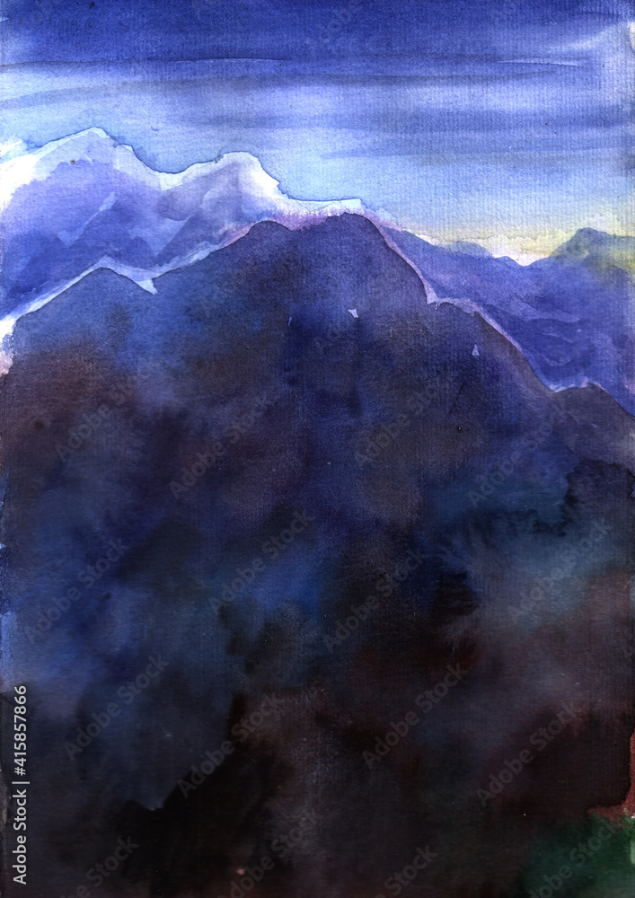 Watercolor lanscape with mountain. Hiking in mountains watercolor.