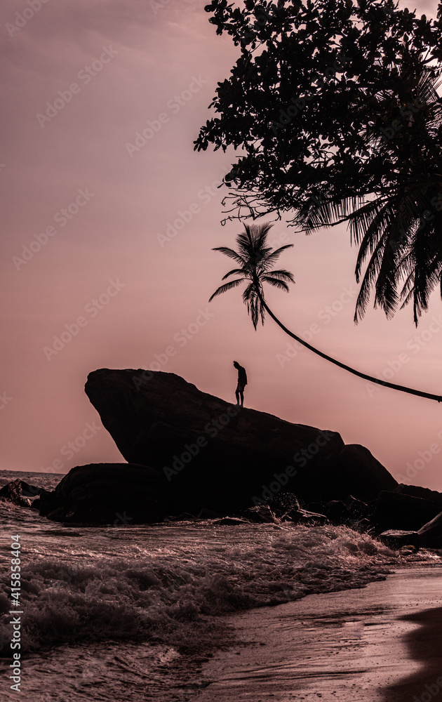Podróżnik stojący na skale na wybrzeżu oceanu na tle palm i zachodzącego nieba. - obrazy, fototapety, plakaty 
