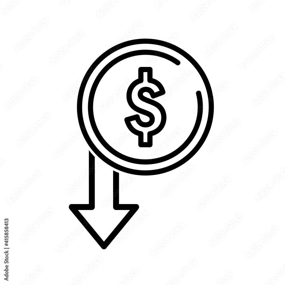 Coin with dollar sign and down arrow flat icon. Pictogram for web. Line stroke. Isolated on white background. Vector eps10 Coin with dollar sign and down arrow flat icon. Pictogram for web. Line stroke. Isolated on white background. Vector eps10