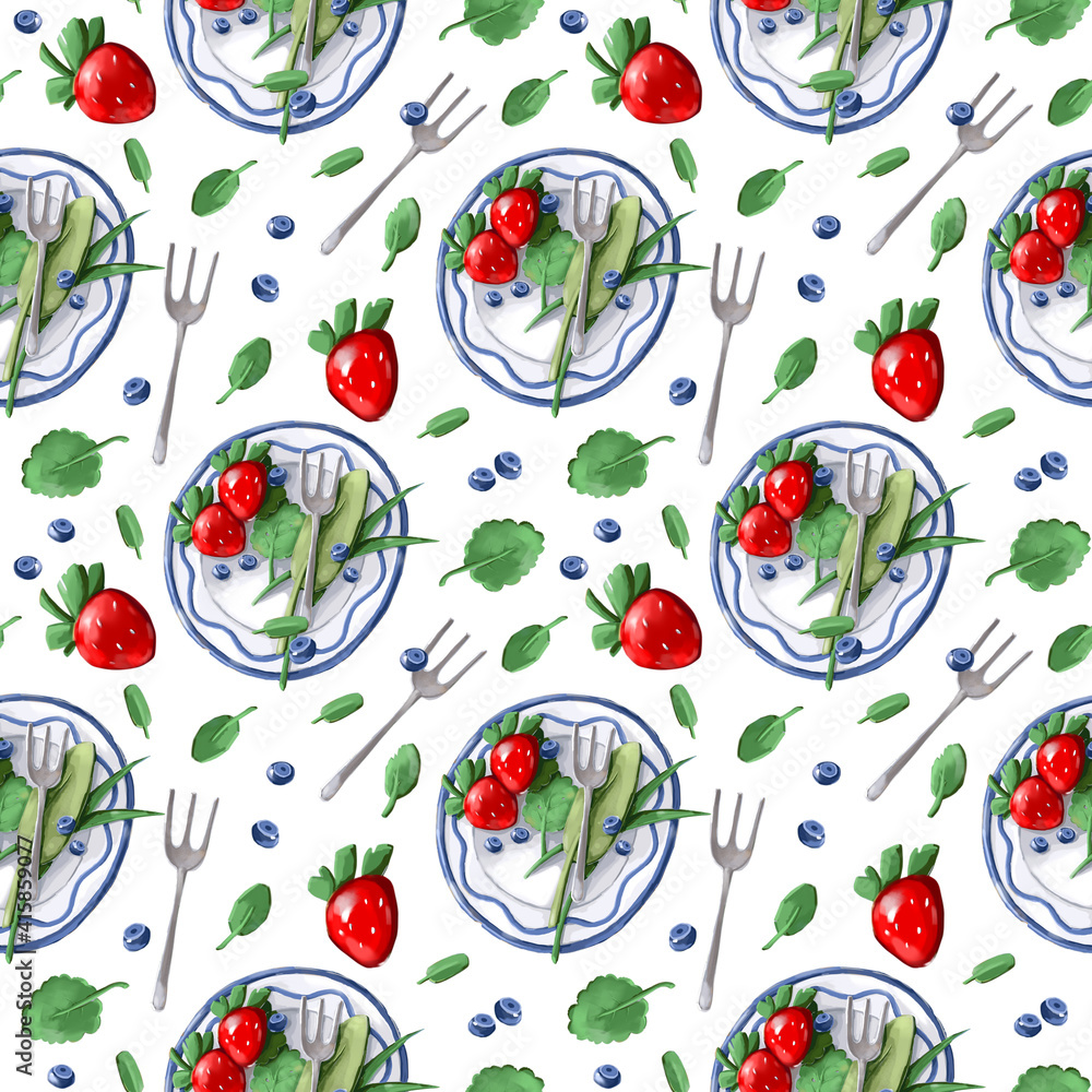 Seamless pattern with breakfast plates, strawberries and blueberries. antique cutlery. Pattern for the menu, wrapping paper, rustic fabric. Seamless pattern with breakfast plates, strawberries and blueberries. antique cutlery. Pattern for the menu, wrapping paper, rustic fabric.