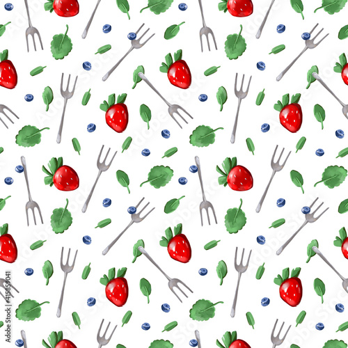 Seamless pattern with strawberries and blueberries. antique cutlery. Pattern for the menu  wrapping paper  rustic fabric.