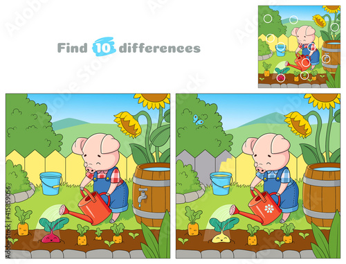 Happy piglet is watering vegetables from a watering can in his garden. Find 10 differences. Educational game for children. Cartoon vector illustration.