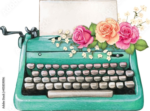 Vintage watercolor turquoise typewriter blank sheet and pink ros