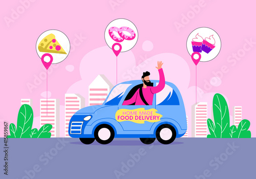 Food home delivery by taxi illustration concept vector