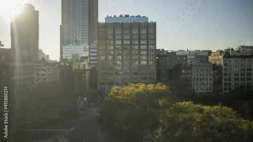 Day to night timelapse of traffic circle in NYC- sunset, shadows, light