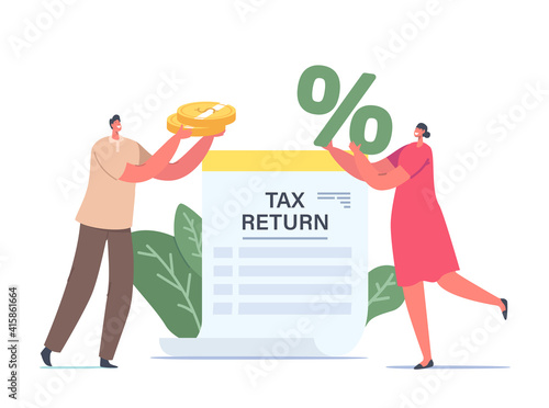 Tiny Male or Female Characters Holding Huge Golden Coins and Percent Symbol at Tax Return Paper Document, Money Cashflow