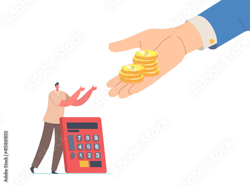 Tiny Man with Calculator Stretching Hands to Huge Palm Giving Gold Coins. Male Character Get Tax, Finance Help