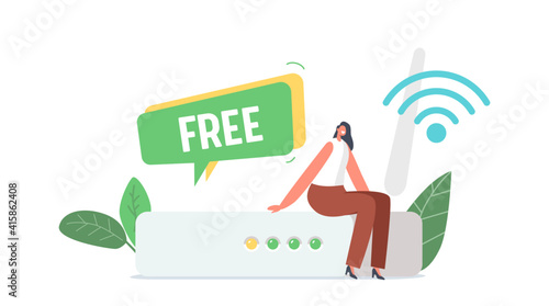 Tiny Female Character Sit at Huge Wifi Router Using Free Wireless Internet Connection. Woman Work, Browsing Social Media