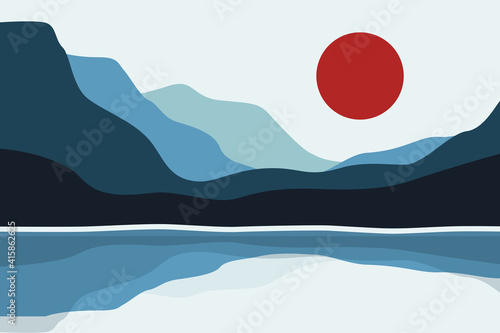 Mountain landscape wallpaper. Abstract nature background japanese style, contemporary art poster. Vector illustration