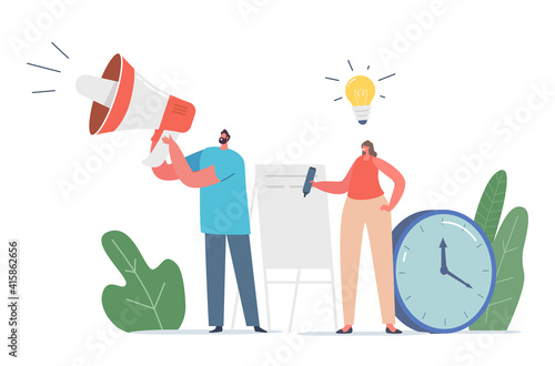 Did You Know Megaphone Announcement, Promotion, Ads Information. Characters with Loudspeaker and Light Bulb