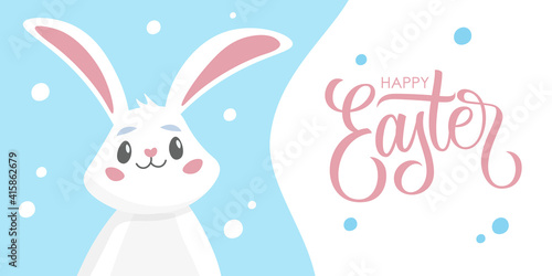 Happy Easter celebrate banner with Easter Bunny and hand drawn lettering. Perfect for easter holiday greetings and invitations. Vector illustration.