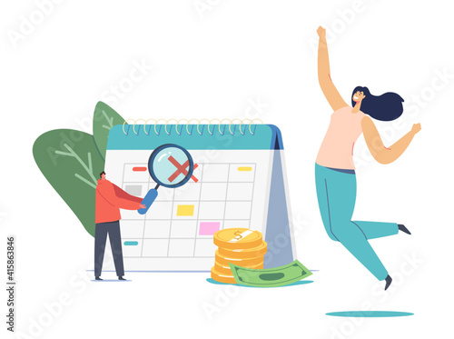 Happy Female Character Jumping at Huge Calendar with Crossed Date. Man with Magnifier and Pile of Golden Coins and Bills