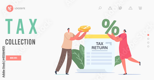 Tax Collection Landing Page Template. Tiny Characters Hold Huge Golden Coins and Percent Symbol at Tax Return Document
