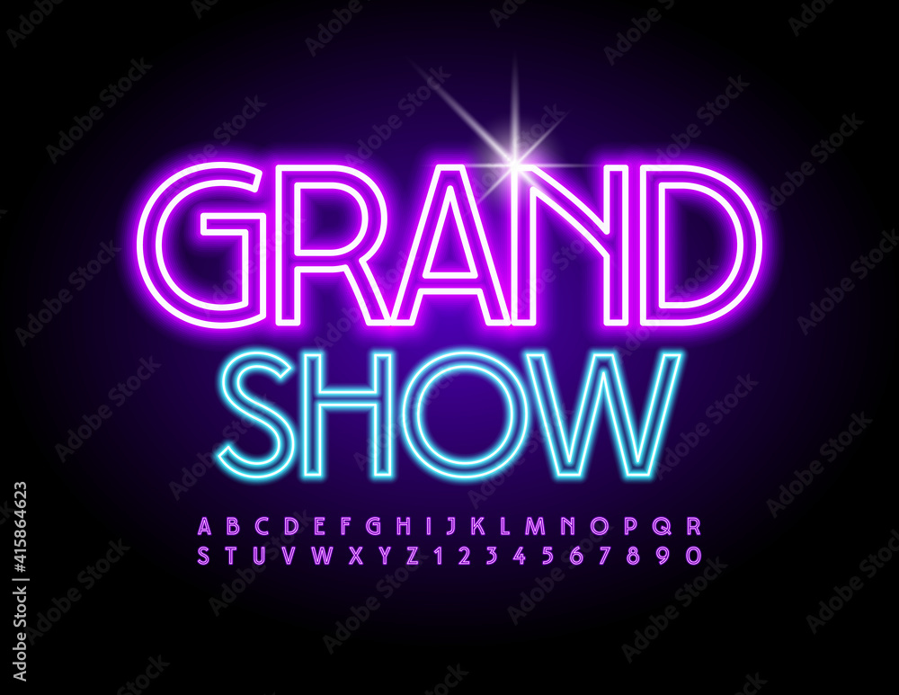 Vector neon flyer Grand Show. Bright glowing Font. Electric light Alphabet Letters and Numbers set